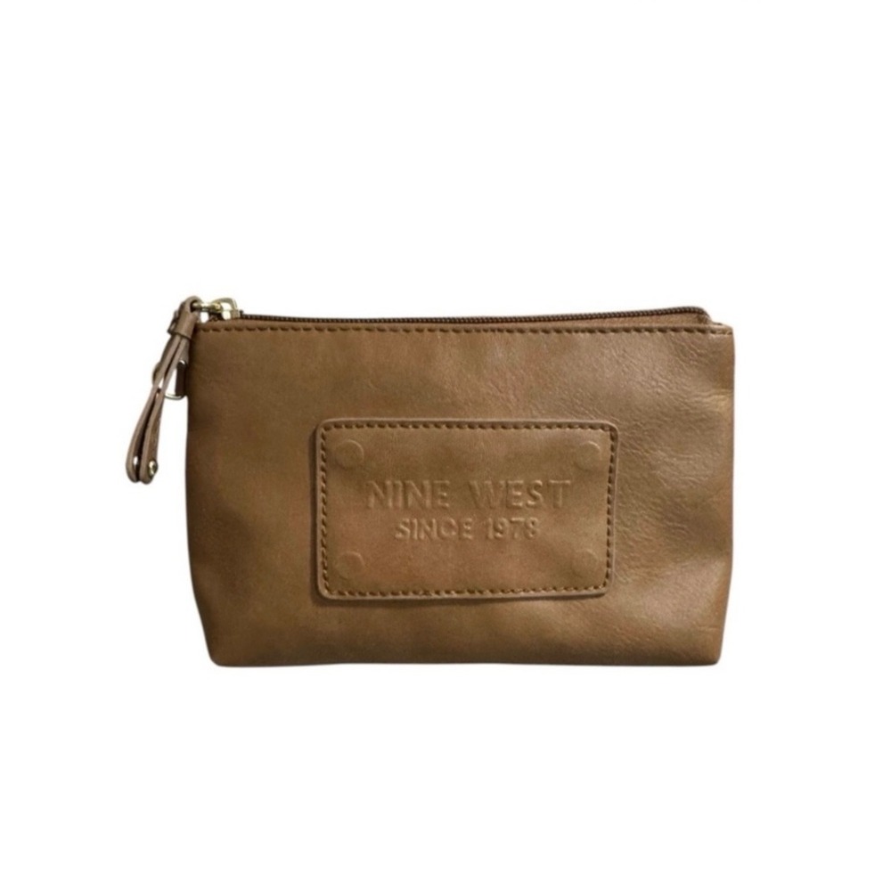 Nine West Tan Brown Faux Leather Zippered Pouch Cosmetic Bag Striped Lining